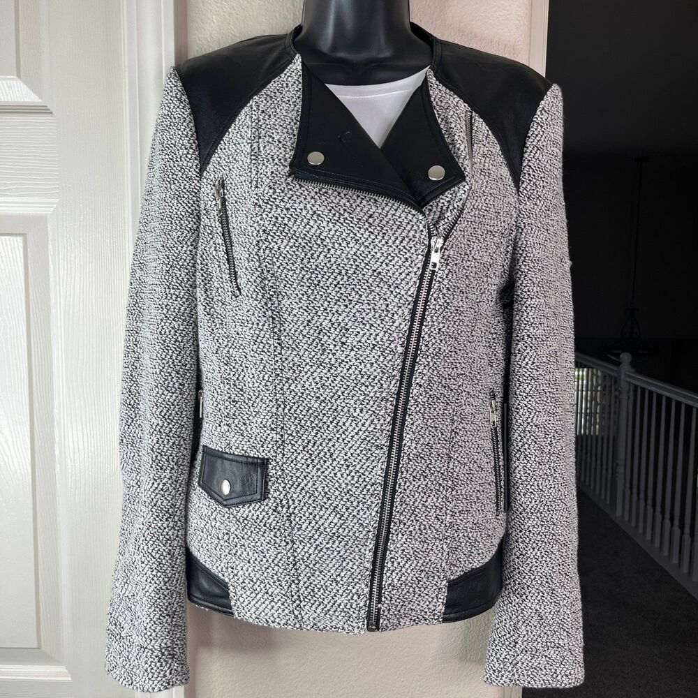 NWT Blanc Noir Women’s Long Sleeve Knitted Leather Jacket Size Small #650 - Picture 1 of 17
